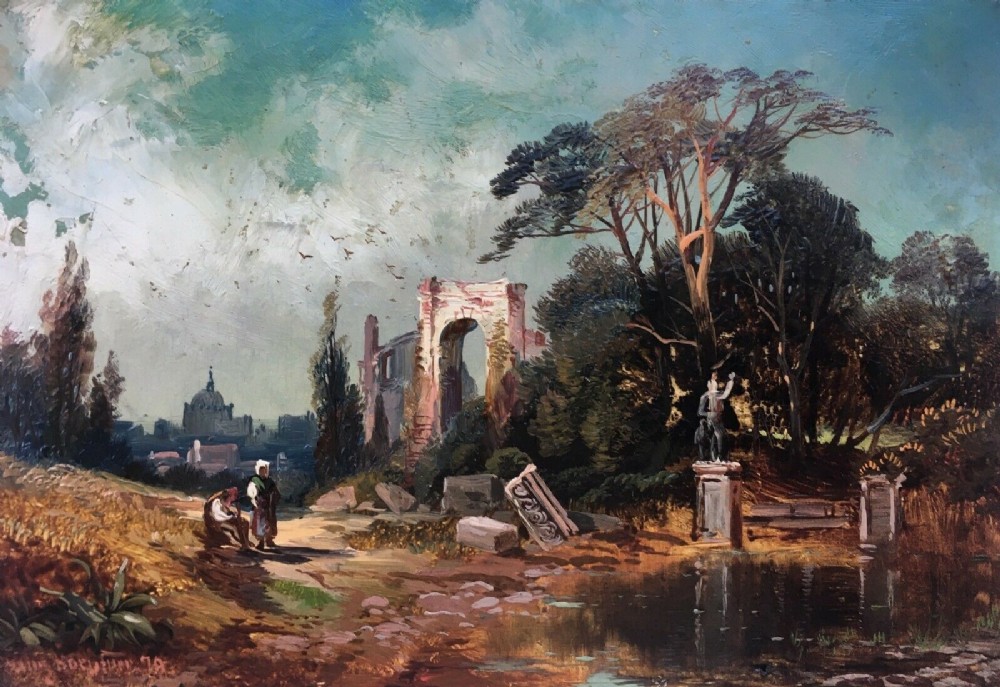 Franz Hoepfner Signed Original 19th Century German Antique Oil Painting on Panel Capriccio & figures