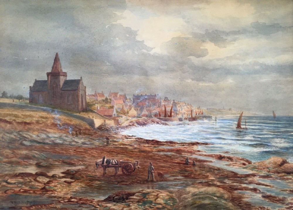 Robert B Johnston Signed Original 19th Century Antique Watercolour Painting, Collecting Kelp St Monans Scotland