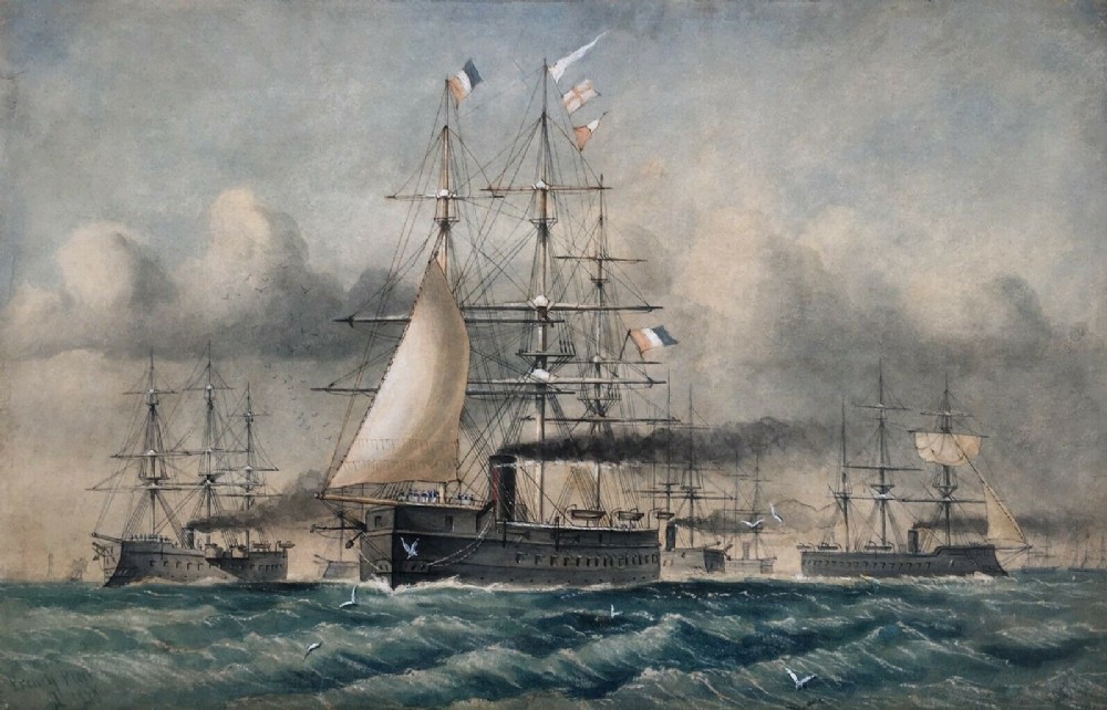 Manner of Edwin Weedon 1870 Watercolour Painting French Fleet Steam War Ships