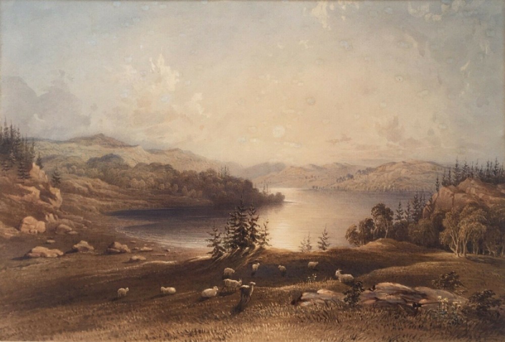 CHARLES F BUCKLEY Signed original 19th Century Antique Watercolour Painting Sheep & Lake Landscape