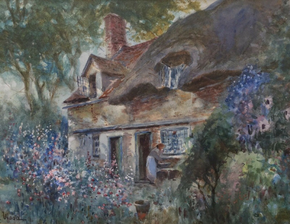 Original 19th Century Antique Watercolour Painting Landscape Welford Cottage in Warwickshire