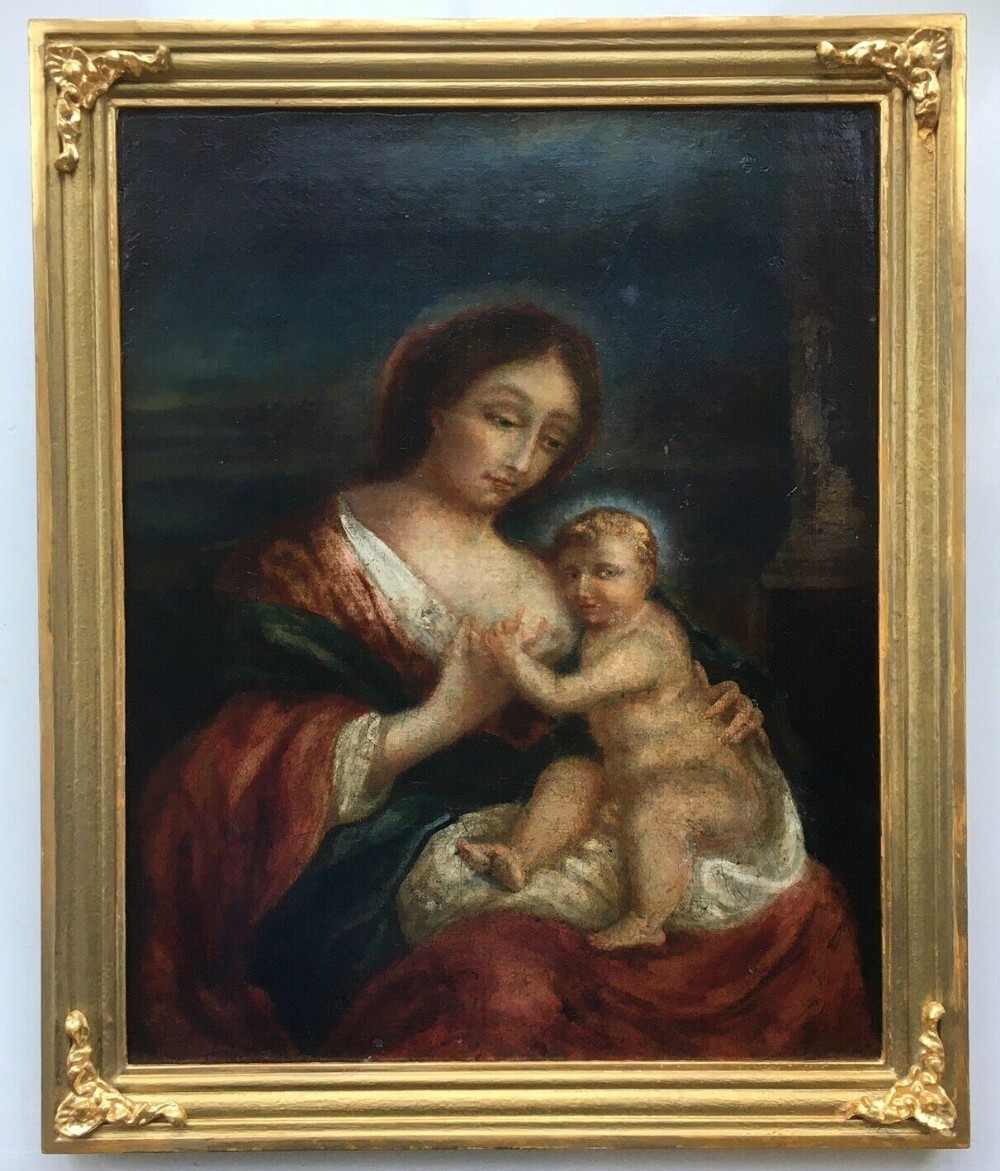 Original Antique Oil Painting on Canvas 19th Century School Portrait of The Virgin Mary & Child