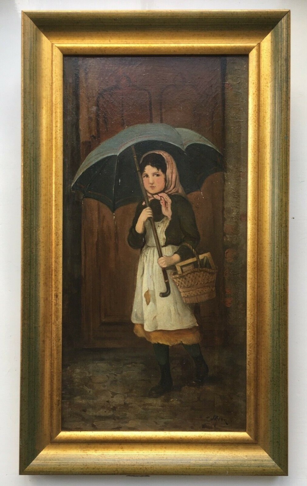Original Signed Antique Oil Painting on Canvas Continental School, Girl with Umbrella
