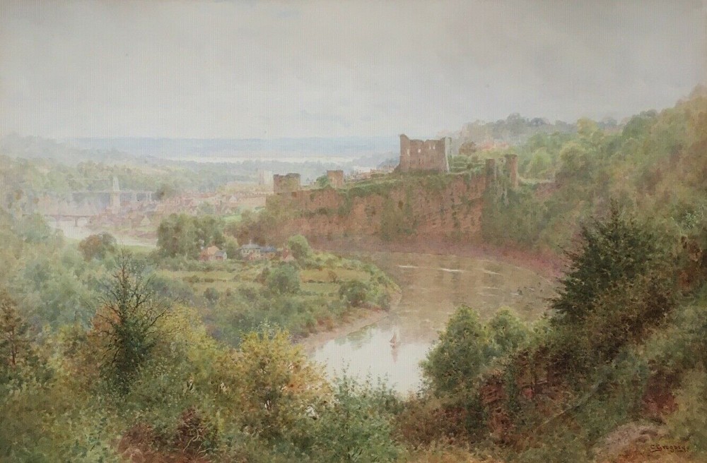 CHARLES GREGORY 19th Century Original Antique Watercolour Painting Chepstow Castle & River Wye