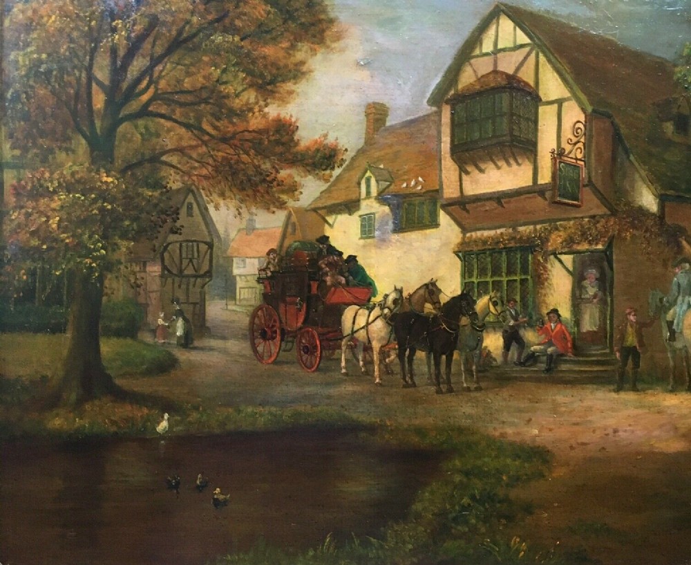 Original 19th Century Canvas Oil Painting of a Stage Coach at the Stag Inn with Figures in a Village Landscape Presented in large Decorative Frame