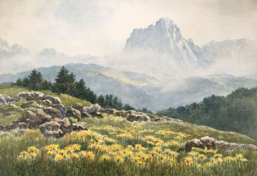 Monogrammed J.S. Original Antique Watercolour Painting Mountains in Springtime