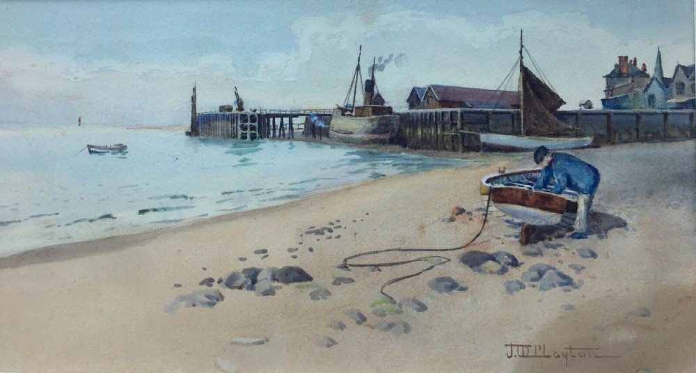 J W Clayton Signed Original Antique Watercolour Painting Fishing Aberdovey Wales