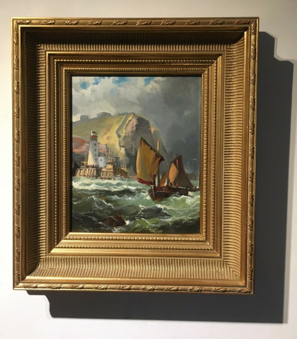 Circle of Robert Ernest Roe Shipping off Scarborough, Yorkshire Seascape Original Oil Painting on Canvas 1