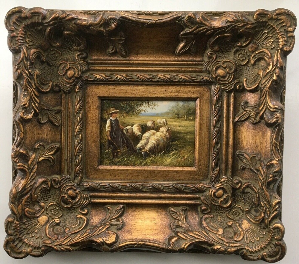 Original English School Antique Oil Painting Shepherds Daughter & Sheep Landscape in Substantial Decorative frame