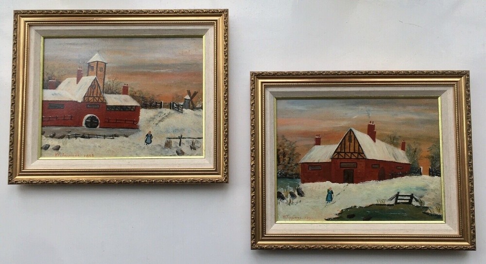 Pair of Signed 1893 Original Antique Naïve Oil Paintings on Board Dutch School Mill Landscapes with Figures