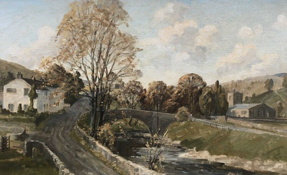 Claude Horsfall (b.1907) Original Antique Oil Painting Hubberholme Yorkshire Dales