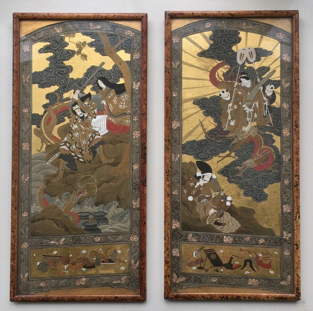 2 Original Antique Japanese School Samurai Figures with Dragon Gold Embellished Ink Paintings