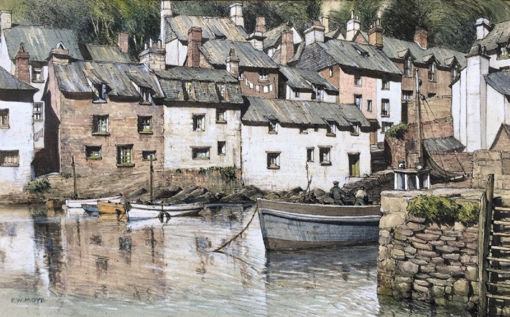E W MOYE Signed Original Mid 20th Century Ink & Watercolour Painting POLPERRO HARBOUR Cornwall