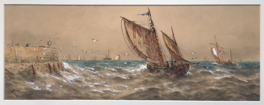 R Thomas Signed Original Antique Watercolour Painting Fishing Boats near Clovelly Devon English Seascape