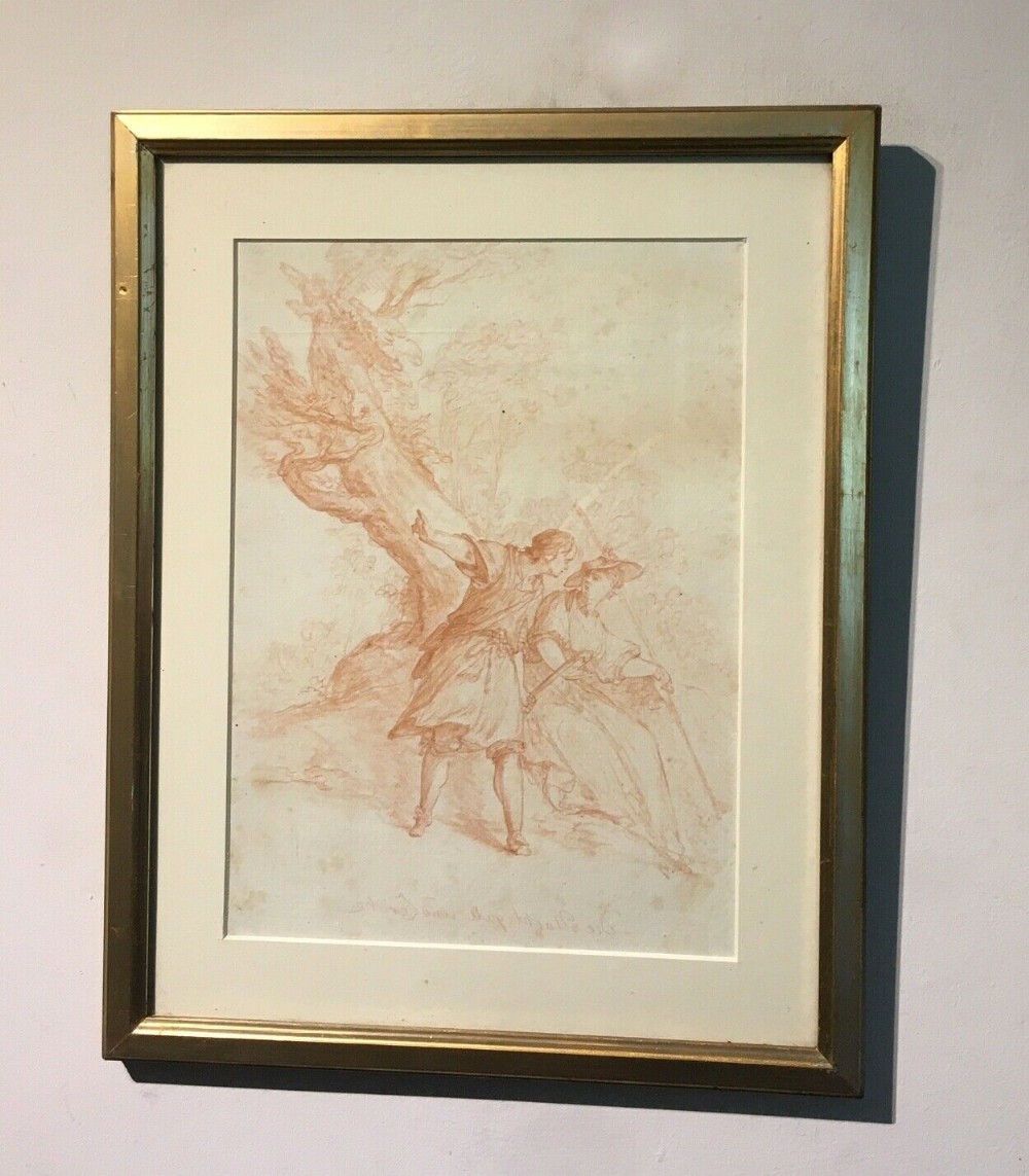 GERMAN SCHOOL 18th Century Antique Sanguine Drawing Courting Couple Possible Facsimile Preparation for an Engraving Plate