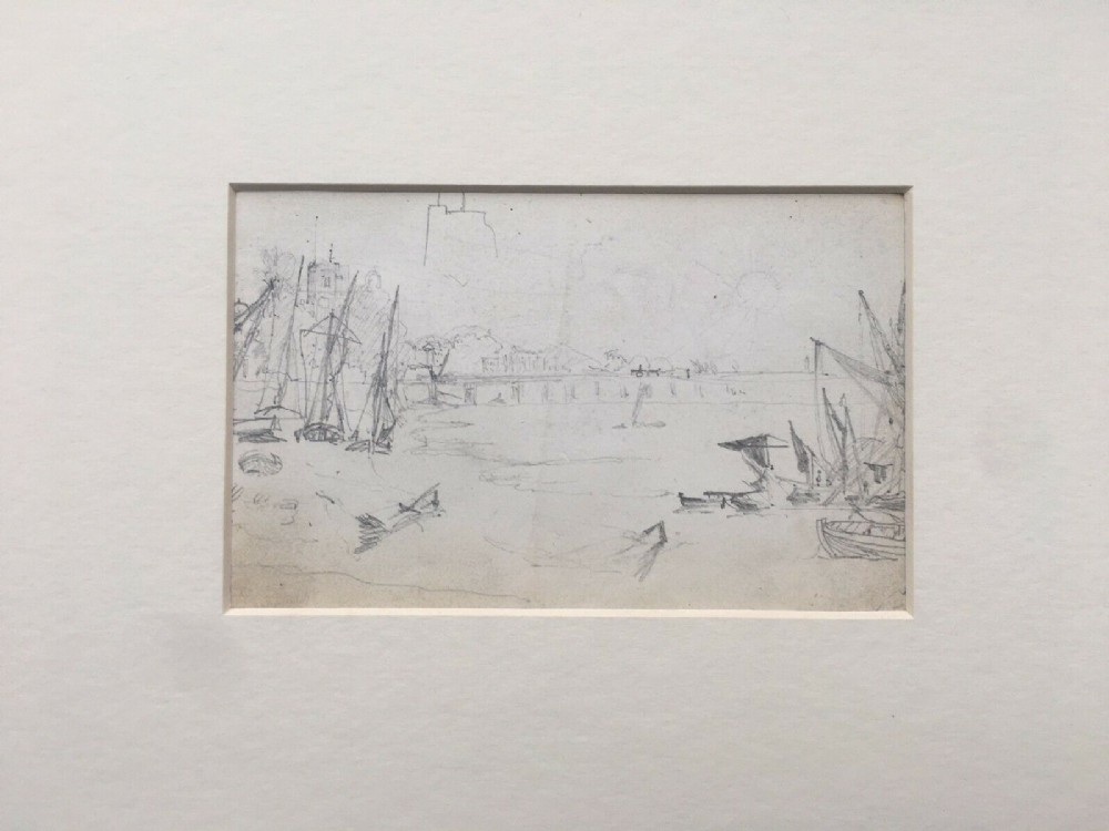 Thames At Chelsea With Battersea Bridge Original 19th Century Antique Pencil Drawing Study