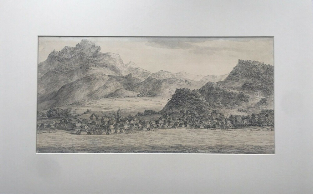 Swiss Lakeside Italian School Original Early 19th Century Antique Ink Wash Drawing Landscape Study