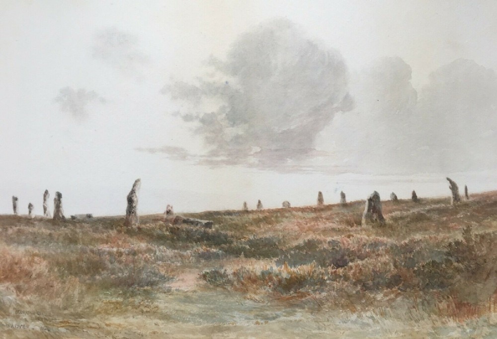 W H Dyer 1904 Original Antique English Watercolour Painting Landscape Scorehill Stone Circle Dartmoor