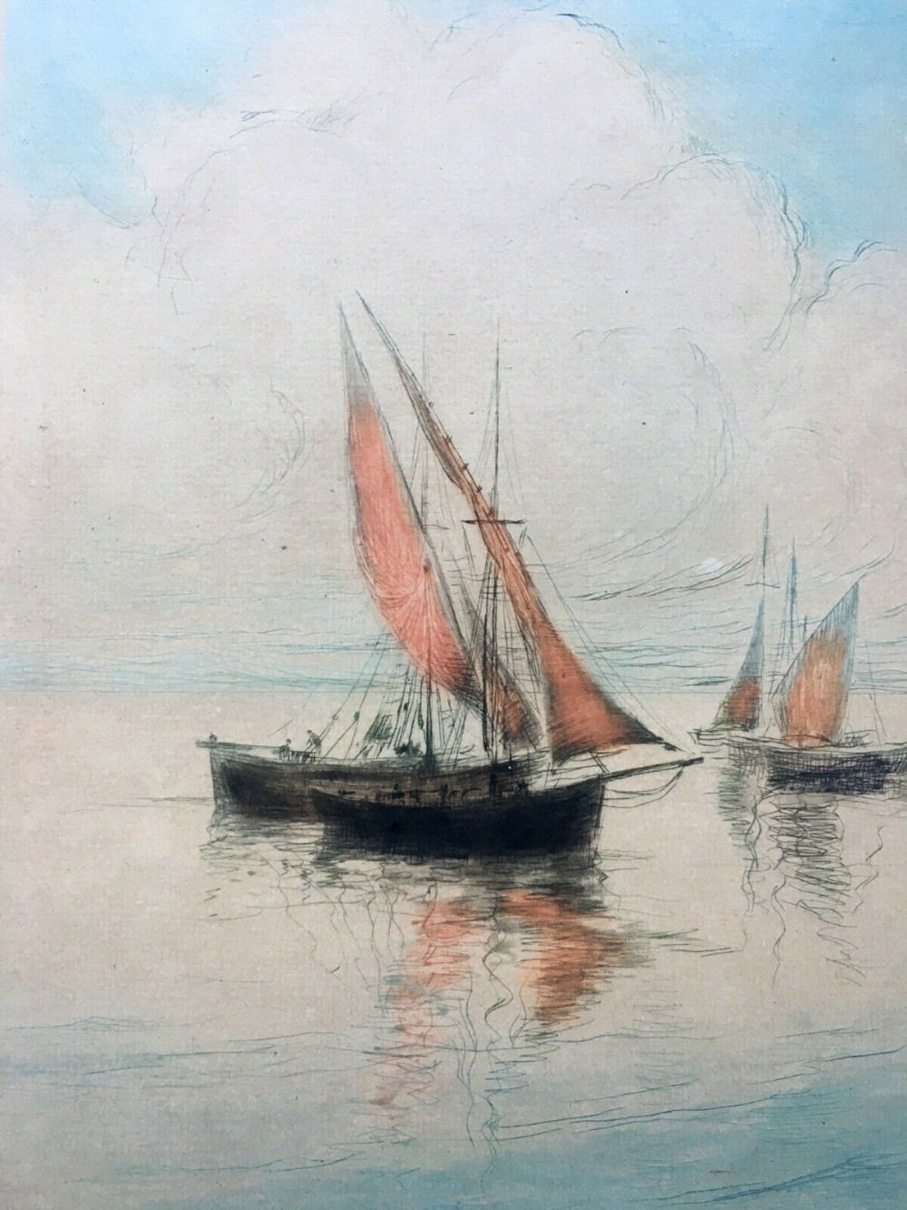 Signed Original Coloured Etching Engraving Fishing Boats Titled Golfe de St Tropez France