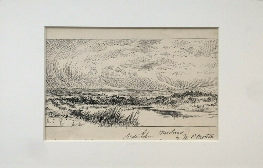 William Paton Burton Signed Original Antique Pen Ink Drawing Moorland Landscape