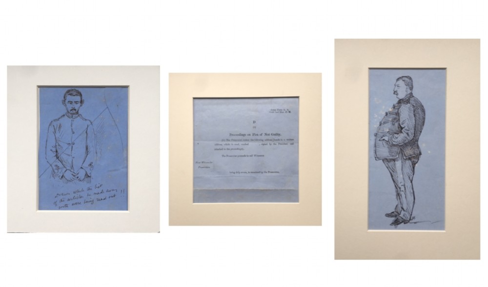 Three Victorian British Army Figures Ink Drawings with an Original Army Court Document