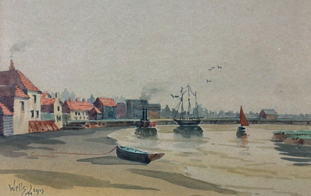 Wells (next-the-Sea) Norfolk 1913 Monogrammed Original Antique English Watercolour Seascape Painting
