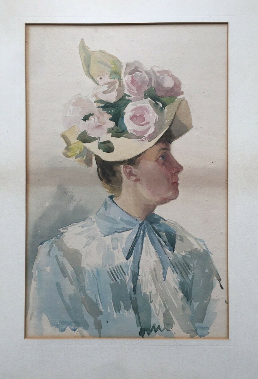 Signed JB 1889 Original Antique Watercolour Painting Half Length Portrait of a Lady in a Hat
