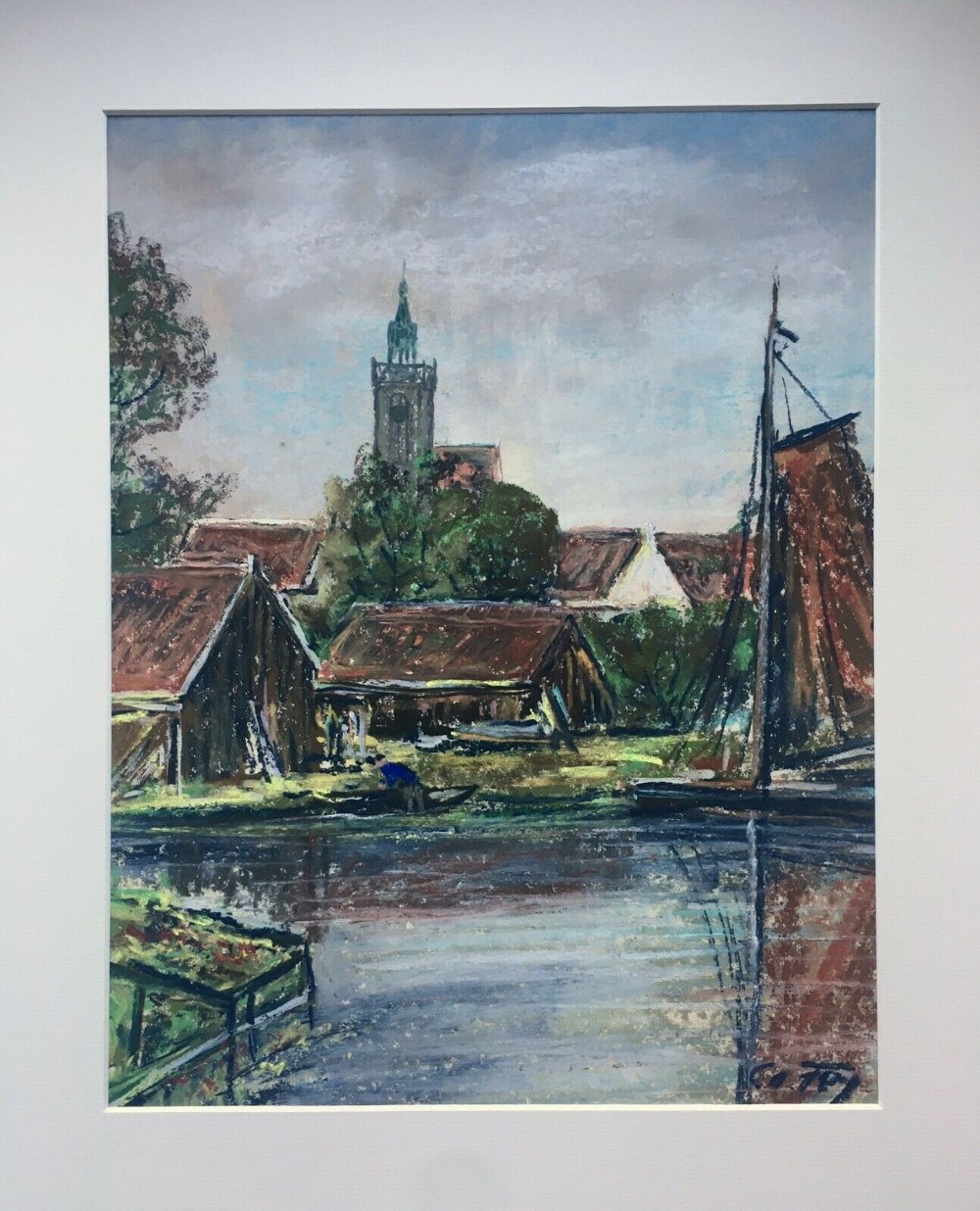 CARL OTTO FEY Signed Original German Pastel Painting River Town Boats & Figure