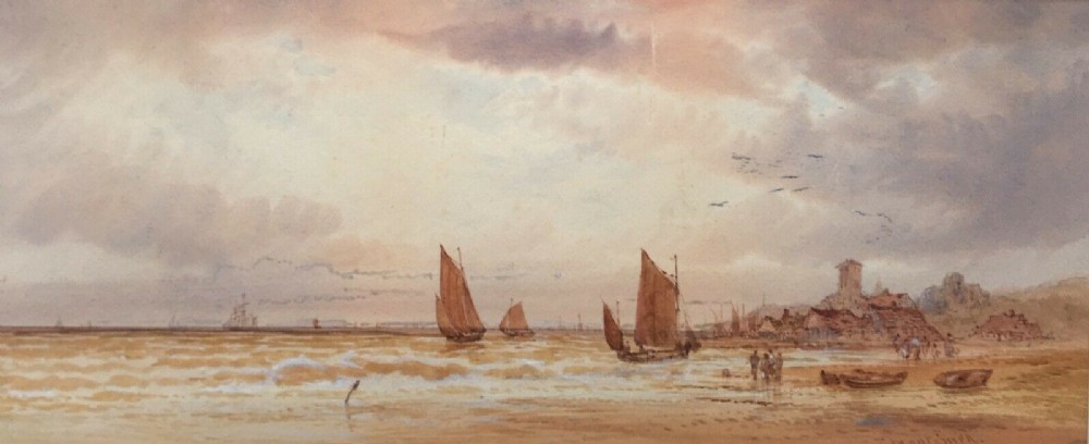 THOMAS MORTIMER Signed Original Antique Watercolour Painting Fishing Boats off Coast 2 English Seascape