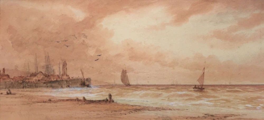 THOMAS MORTIMER Signed Original Antique Watercolour Painting Fishing Boats off Coast 1 English Seascape
