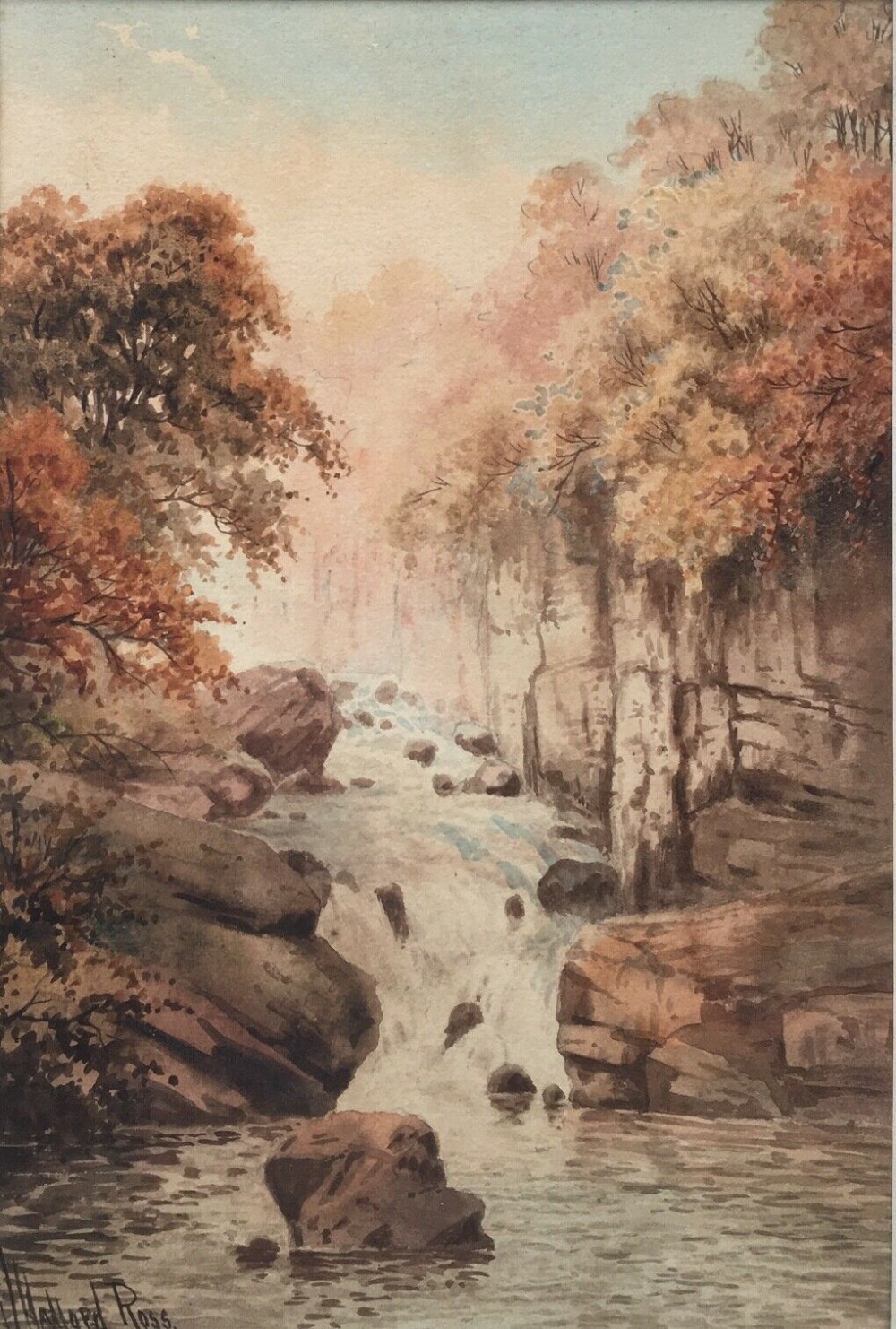 J HALFORD ROSS Signed Original Antique English Watercolour Painting Waterfall & river Autumn Landscape