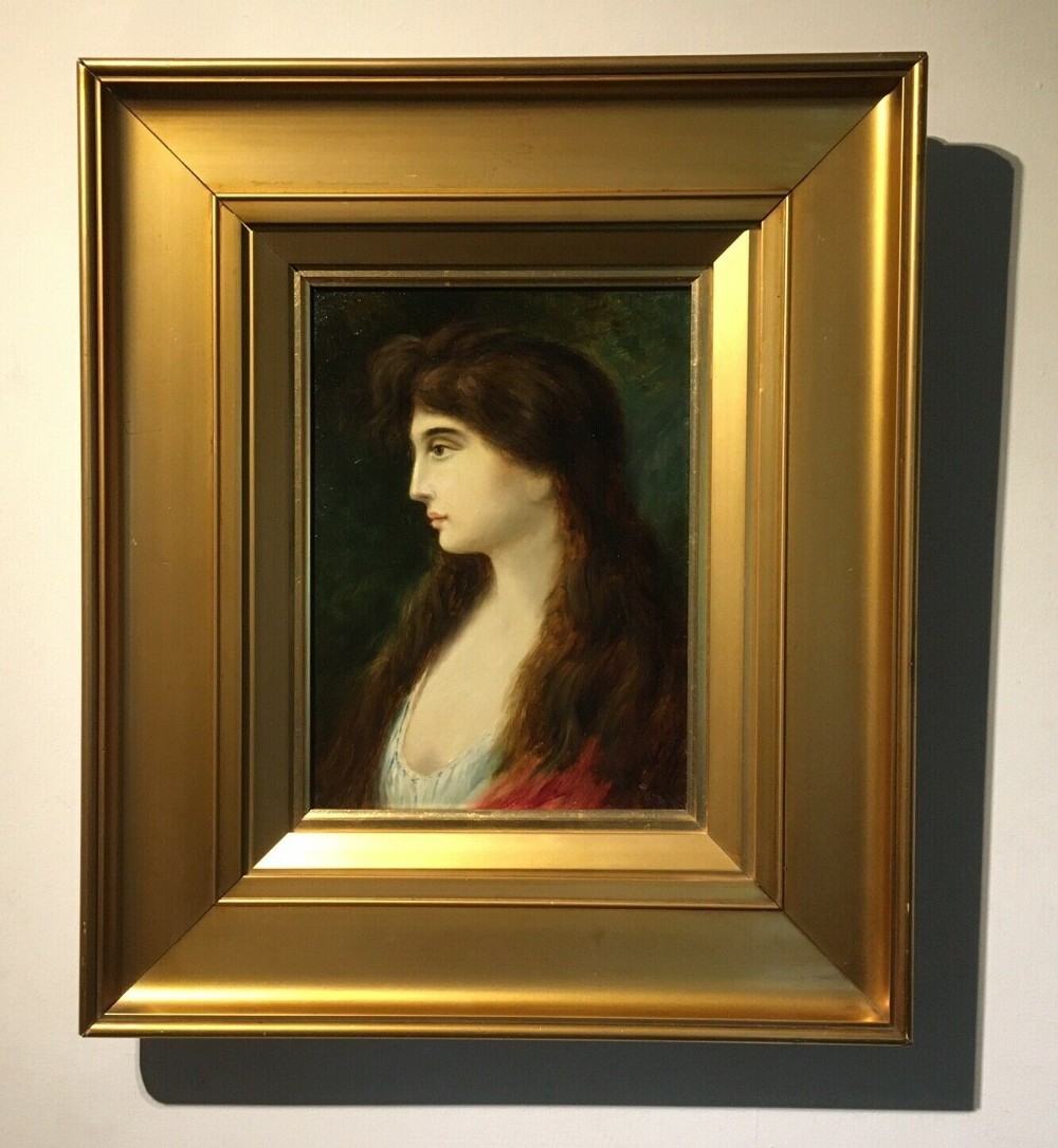 James Dromgole Linton Pre-Raphaelite Original 19th Century English Antique Oil Painting on Board profile Portrait of a Young Lady