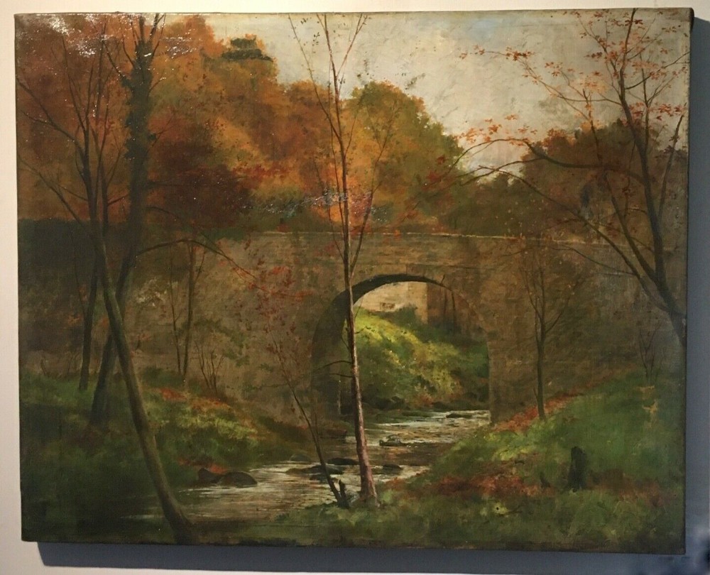 Indistinctly Signed Original Antique 1898 Oil Painting on Canvas River & Bridge Landscape 