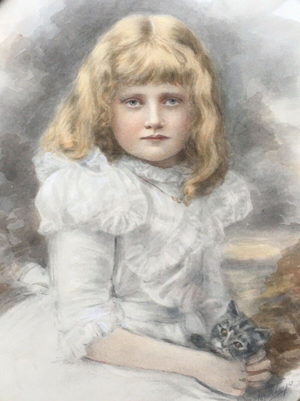 Keturah Collings Signed Original 19th Century English Antique Watercolour Portrait Painting of a Young Girl, Helen Garstin