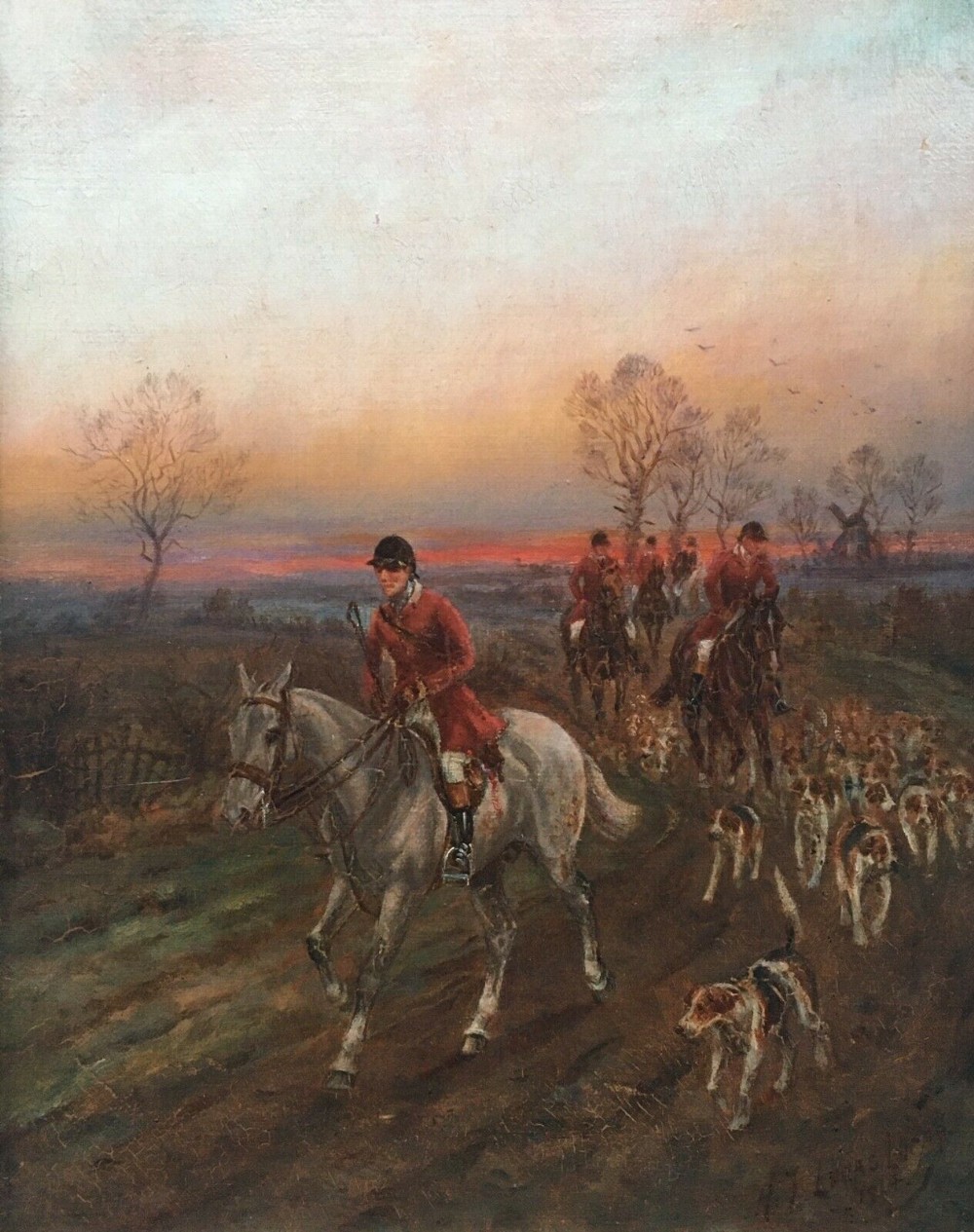 Henry Frederick Lucas- Lucas signed 1914 Rugby Fox Hunting Original Oil Painting on Canvas