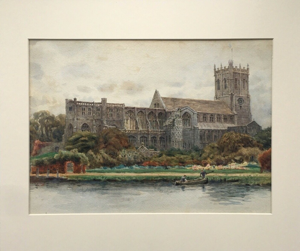 William Wiehe Collins Signed Original English Antique Watercolour Painting Christchurch Priory Dorset Landscape