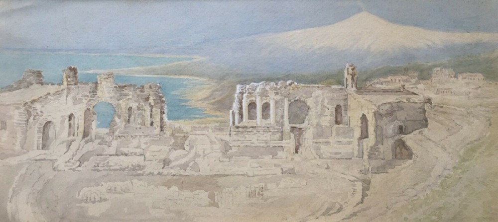 Signed EJW Original C19th Antique Watercolour Painting Sicily Taormina & Mount Etna