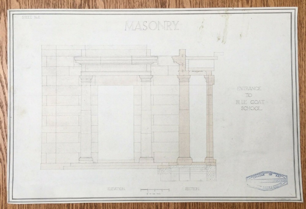 Original 1931 Vintage Architectural Drawing College of Art Leeds 