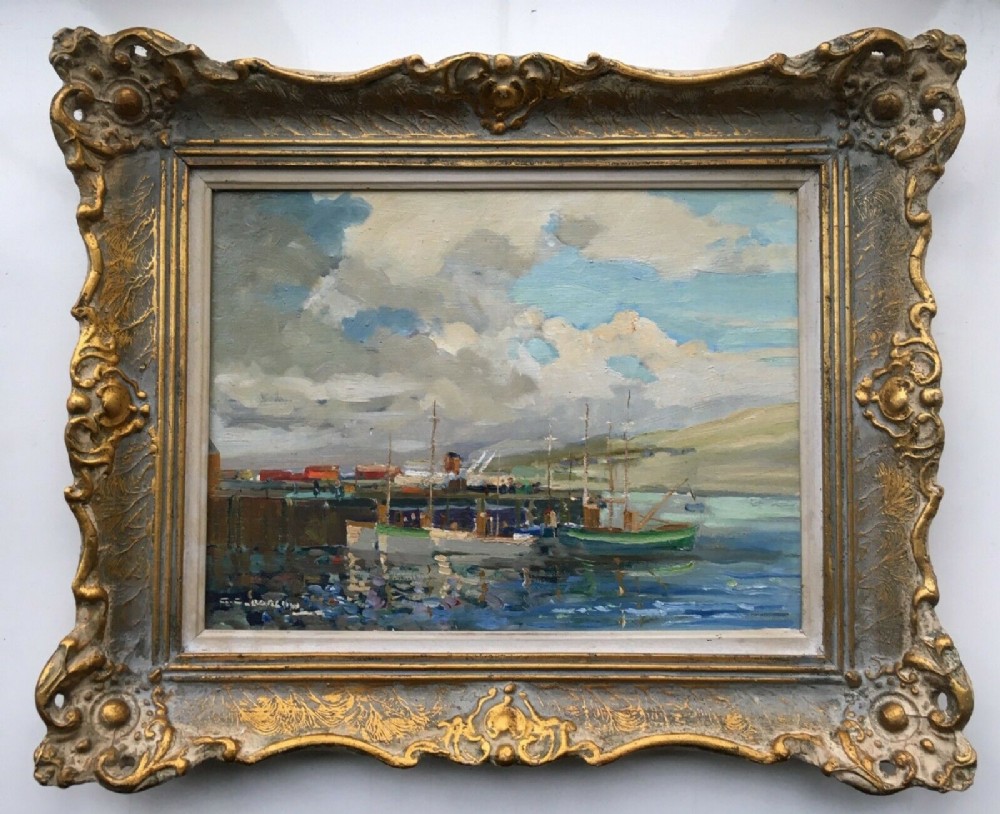 Gordon Clifford Barlow Original Vintage 20th Century Framed Oil Painting Mallaig Harbour Highlands Scotland Seascape