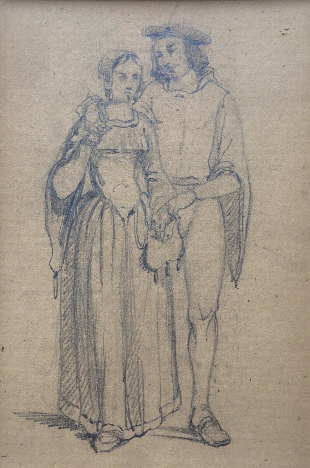 Ernest Henry Griset Original Antique Pencil Drawing Sketch of a Courting Couple