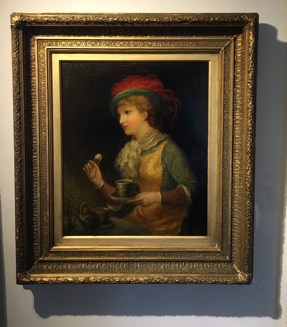 Original Antique Oil Painting on Canvas Portrait of a Young lady taking Tea, British School