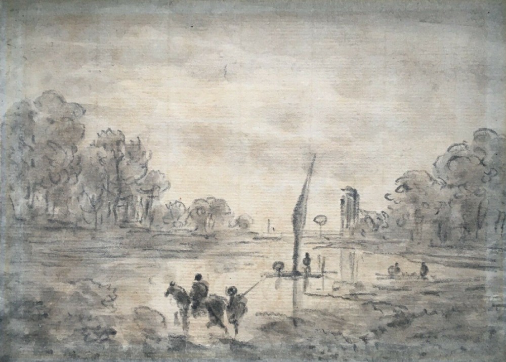 Attributed Original early c19th Antique Drawing Study Figures in Lake Landscape