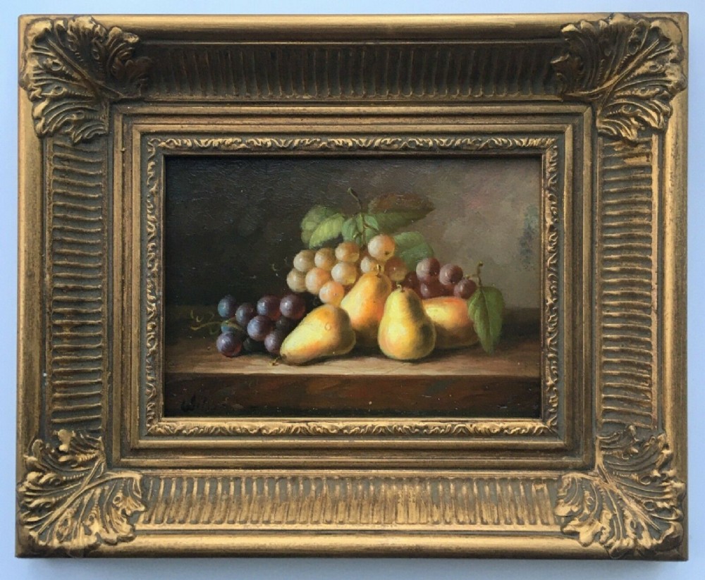 Signed Original ENGLISH SCHOOL Antique Oil Painting on Wood Panel, Still Life Fruit Pears and Grapes