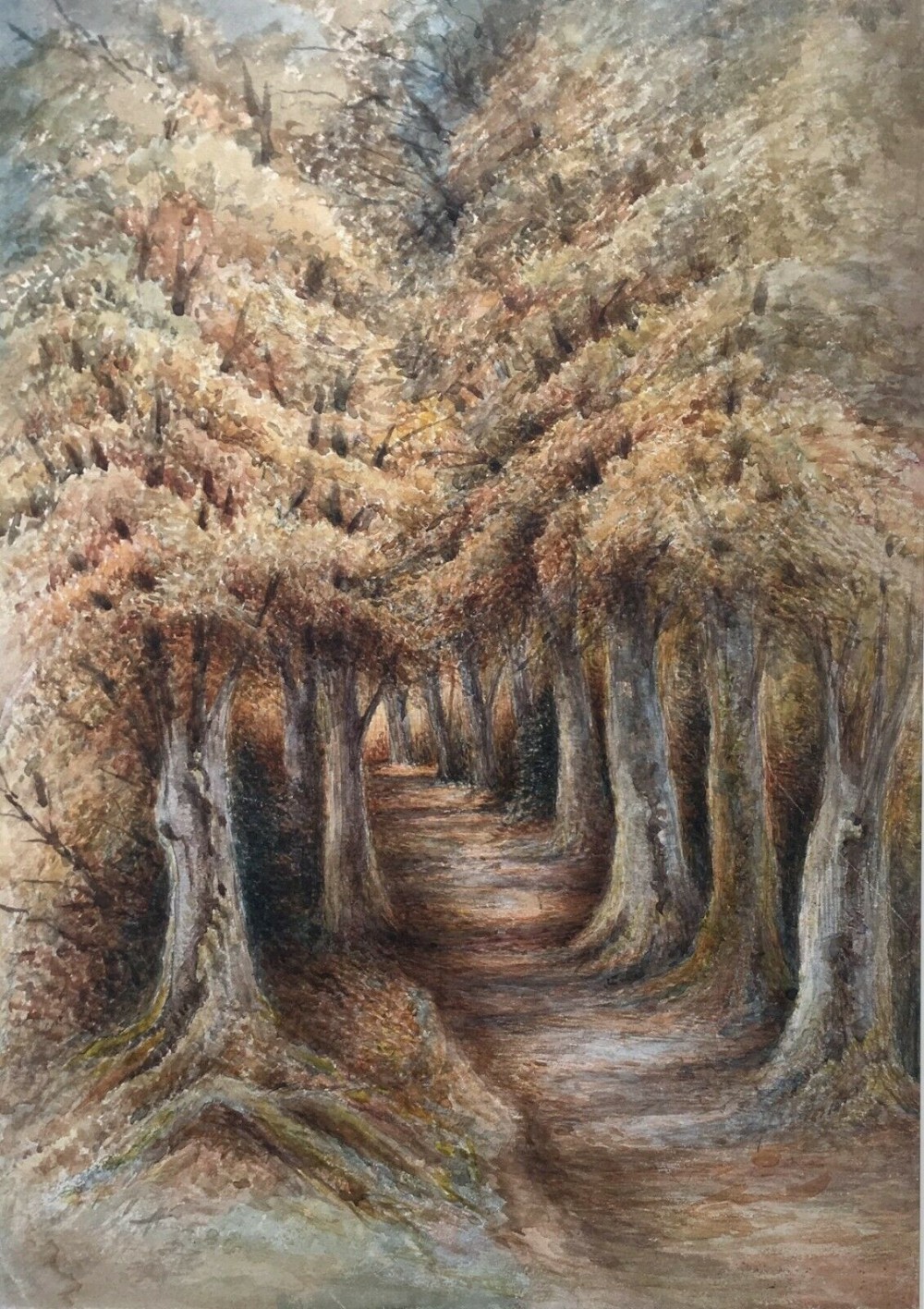 Ollerton near Sherwood Forest, Original Antique Watercolour Painting Wooded Path