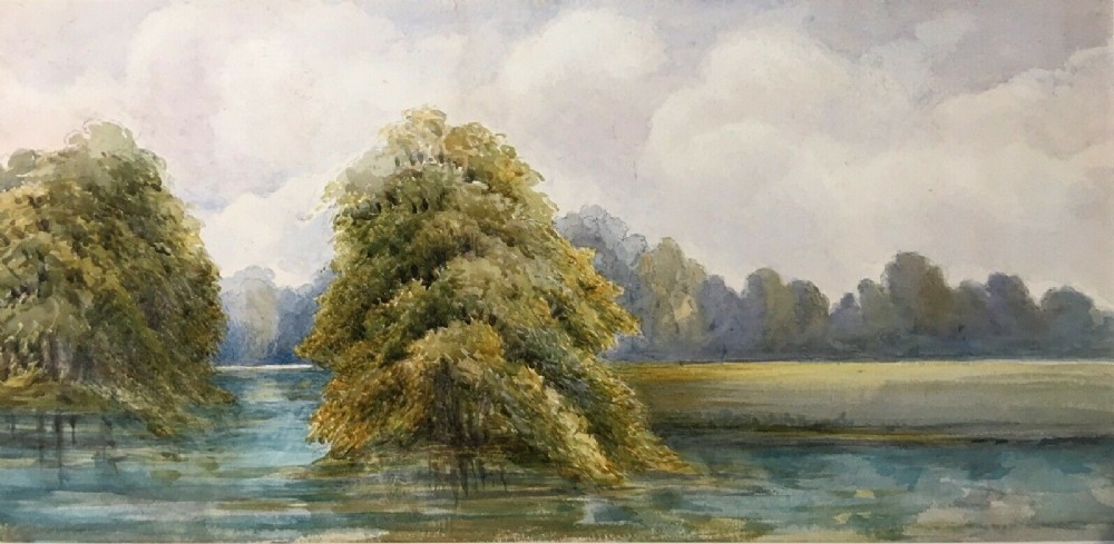 Original Antique Watercolour Painting Tree & River Landscape Study