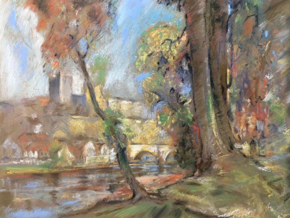 British School Original Pastel Drawing Richmond Castle Yorkshire Landscape