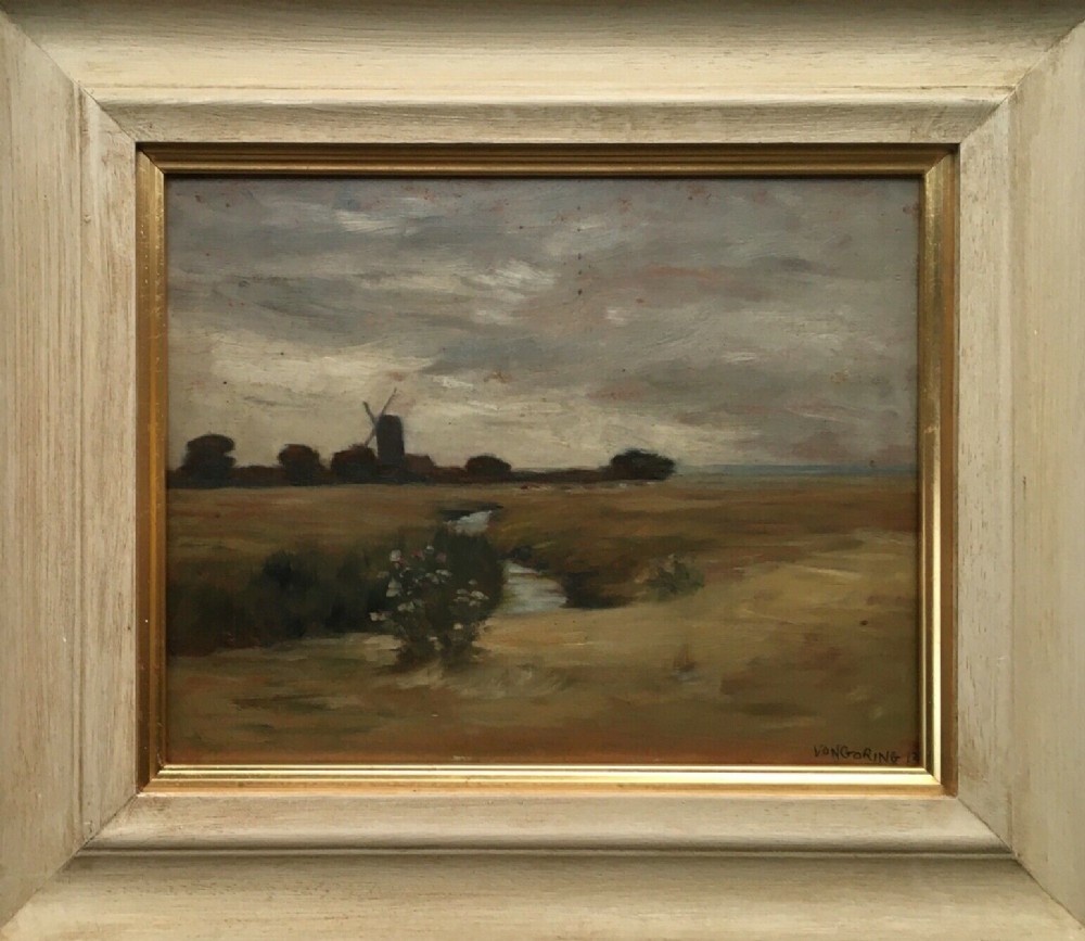Von Goring Original Dutch School Signed Vintage Oil Painting Landscape on Wood Panel, River & Windmill View