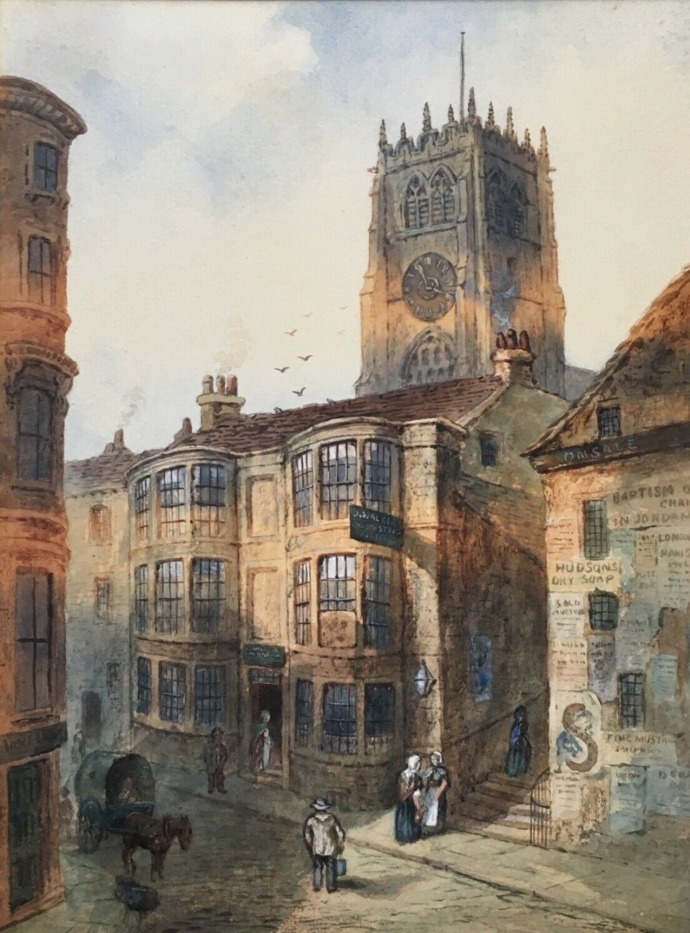 A Armitage Signed Antique Original English Watercolour Painting Church Steps Inn, Old Bradford Townscape