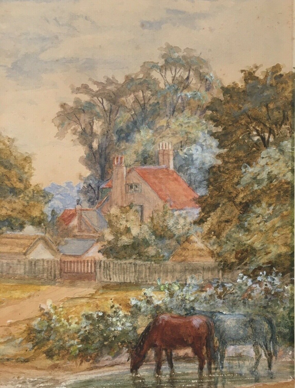English School Antique Cottage & Horses Pastoral Original Watercolour Painting