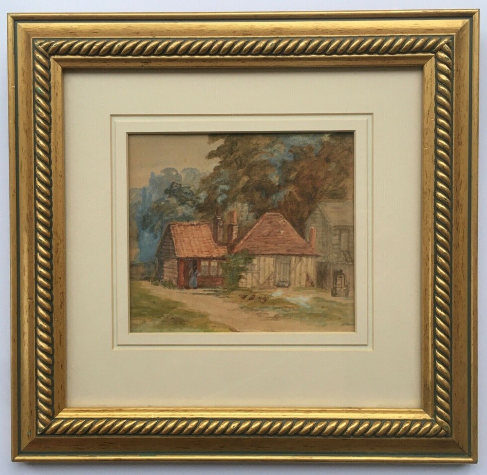 Original 19th Century English Antique Watercolour Painting Farm Buildings with Hens and Figure Landscape